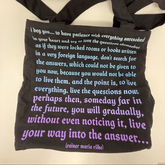 Quotable Canvas Black Tote Bag Quote by Rainier Maria Rilke Zippered - Picture 2 of 6